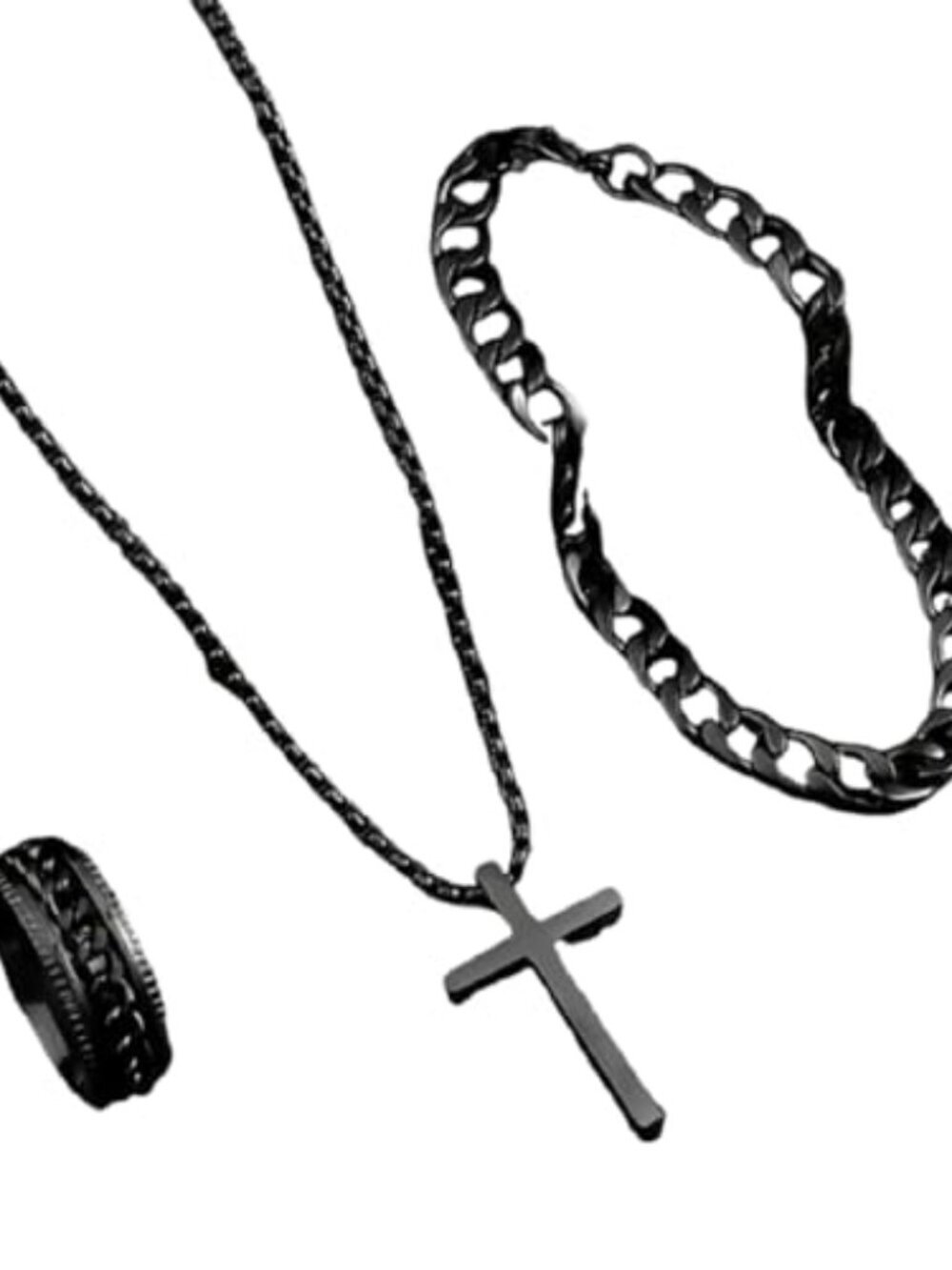 BRAND NEW 3Pcs Cross Necklace Stainless Steel Chains Bracelet Ring for Men